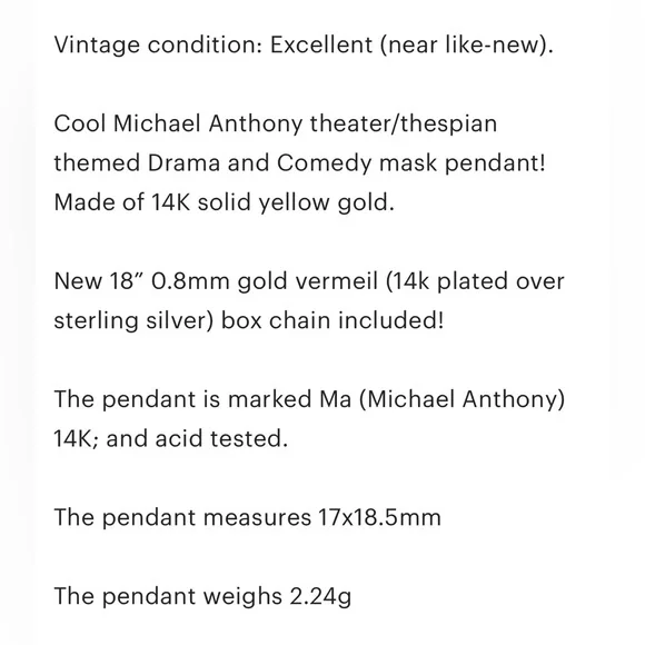 14K Drama Comedy Mask Pendant Yellow Gold Michael Anthony Actor Theater Thespian - Picture 9 of 14